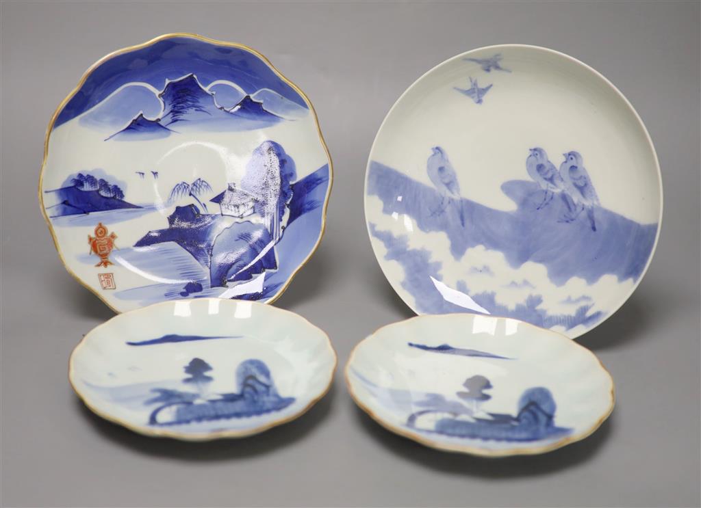 Four Japanese blue and white dishes, including a pair late Edo, largest diameter 21cm